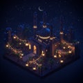 Isometric depiction of a mosque adorned with colorful string lights, palm trees, and Royalty Free Stock Photo