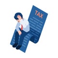 Isometric Depressed Businessman Sitting on Tax Document