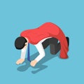 Isometric depressed super businessman kneeling on the floor