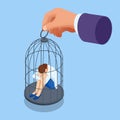 Isometric depressed women sitting inside a birdcage. Sad woman hug her knee and cry, Crying woman. Depression and