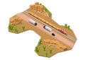 Isometric desert area with train track and highway