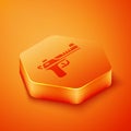 Isometric Desert eagle gun icon isolated on orange background. Orange hexagon button. Vector