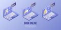 Isometric design digital concept set - book online services on laptop mobile app screens.Isometric business social icons-laptop, Royalty Free Stock Photo