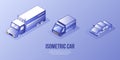 Isometric design digital concept set of different cars for logistics delivery app,internet page,banner.Isometric business