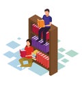 Isometric design of man sitting on bookshelf and woman reding a book