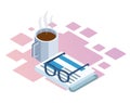 Isometric design of newspaper, coffee mug and glasses