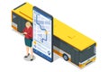 An isometric design showcasing a woman planning her bus journey via a mobile application alongside a large bus