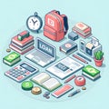 isometric design, student, books, backpack, laptop, money. Education loan concepts