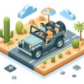 Isometric design of two men driving a jeep car on the road Royalty Free Stock Photo