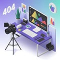 Isometric desk with camera computer and 404 error graphic keyboard Royalty Free Stock Photo