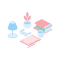 Isometric desktop. Books, lamp, glasses, plant, pencil and cup on the surface of the table Royalty Free Stock Photo