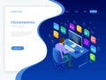 Isometric Developing programming and coding technologies. Website design. Young programmer coding a new project using Royalty Free Stock Photo