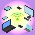 Isometric devices laptop, smartphone, tablet, computer, modem, router, wifi network