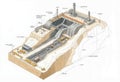 Detailed Isometric Diagram of Open-Pit Mining Operation with Equipment and Labelled Sections Royalty Free Stock Photo