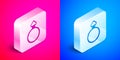 Isometric Diamond Engagement Ring Icon Isolated On Pink And Blue Background. Silver Square Button. Vector