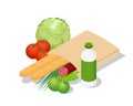 Isometric different food in paper bag on wooden background. Organic fruits, vegetables and greens isolated on white.