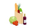 Isometric different food in paper bag on wooden background. Organic fruits, vegetables and greens isolated on white.