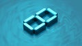 Isometric digit 8 3D render in reflective glass floating on digital water surface. Extruded number eight