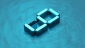 Isometric digit 9 3D render in reflective glass floating on digital water surface. Extruded number nine
