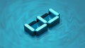 Isometric digit 3 3D render in reflective glass floating on digital water surface. Extruded number three