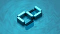 Isometric digit 2 3D render in reflective glass floating on digital water surface. Extruded number two