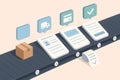 Isometric digital checkout automation with product packaging, order processing, payment steps, and receipt on conveyor belt Royalty Free Stock Photo