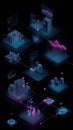 Isometric Digital Cityscape With Neon Blue And Pink Data Streams And Futuristic Buildings On Black Background Royalty Free Stock Photo