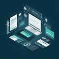 Isometric digital dashboard showing a futuristic financial data interface. Displays