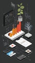 Isometric Digital Data Analysis And Growth Chart With Smartphone And Plant On Dark Background Royalty Free Stock Photo
