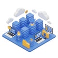 Isometric digital data center with servers laptops and clouds cloud computing technology Royalty Free Stock Photo