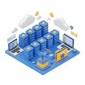 Isometric digital data center with servers laptops clouds and secure folder server rack Royalty Free Stock Photo