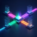 Isometric Digital Data Network Illustration: Glowing Central Processor Chip Connected to Four Peripheral Server Towers, Royalty Free Stock Photo
