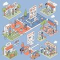 Isometric digital ecosystem illustration featuring multiple scenes of people engaging Royalty Free Stock Photo