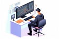 Isometric digital illustration of computer programmer working on his desk.