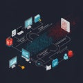 Isometric digital illustration depicting a data communication and processing network. Royalty Free Stock Photo