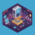 Isometric digital illustration of a futuristic computer interface. A central processing Royalty Free Stock Photo