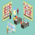 Isometric Digital Library with Bookshelves and Reading People