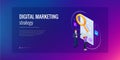 Isometric digital marketing strategy concept. Online business, internet marketing idea, office and finance objects