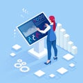 Isometric digital monitor with infographics. Female standing at the big display. Concept of business assistance Royalty Free Stock Photo