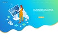 Isometric digital monitor with infographics. Female standing at the big display. Concept of business assistance Royalty Free Stock Photo