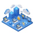 Isometric digital network with laptops servers cloud storage and security padlock technology Royalty Free Stock Photo