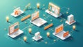 Isometric digital network diagram shows complex business workflow process automation. Laptops display data insights, web pages, Royalty Free Stock Photo