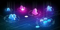Isometric digital network with glowing blue and pink cloud icons abstract technology Royalty Free Stock Photo