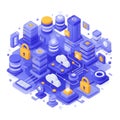 Isometric digital network with servers clouds and locks in blue and orange data center Royalty Free Stock Photo