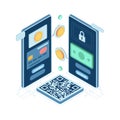 Isometric Digital Payment Security with Mobile Devices and QR Code Royalty Free Stock Photo