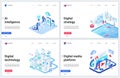 Isometric digital social media technology vector illustration, concept banners with business service platform for