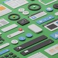 Isometric digital UI elements on a green background, depicted in a 3D-rendered style. Royalty Free Stock Photo