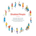 Isometric Disabled People Characters Banner Card Circle. Vector