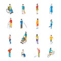 Isometric Disabled People Characters Icon Set. Vector