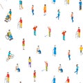 Isometric Disabled People Characters Seamless Pattern Background. Vector